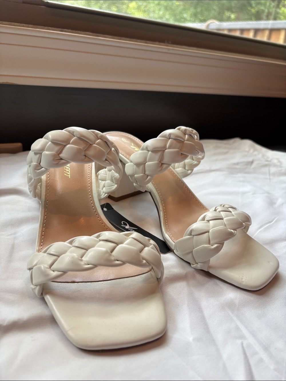 Braided Double-Strap White Heeled Sandals